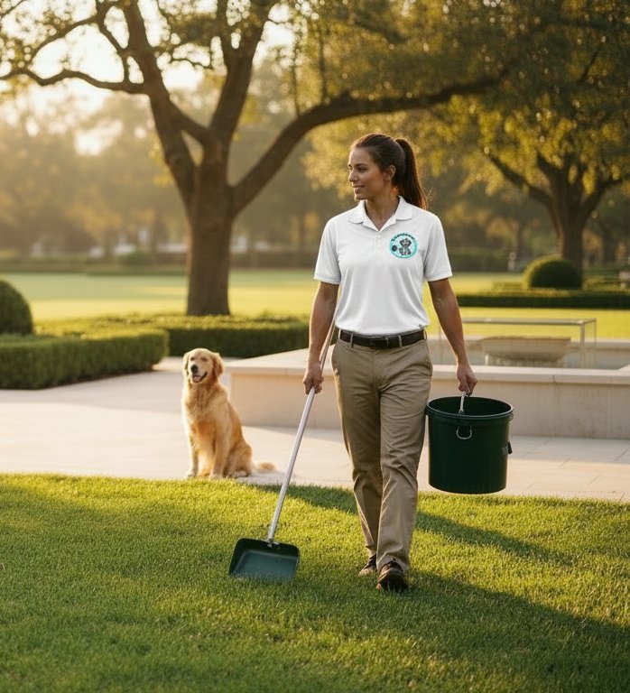Poop Haulers technician walking a pristine estate lawn with scooper and service bin as a golden retriever looks on